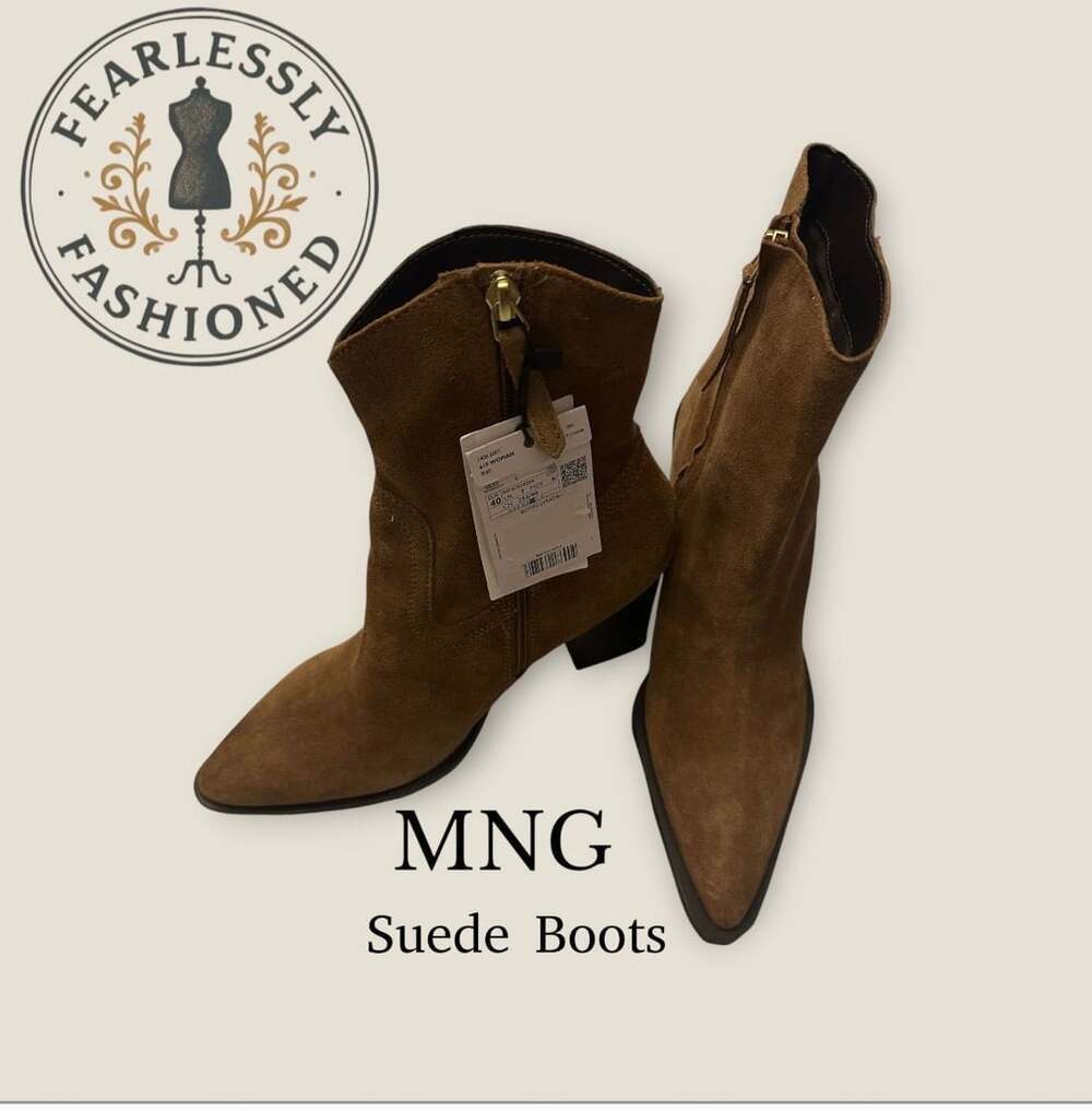 MNG Mango Suede Pointed-Toe Block Heel Ankle Boots Size 40 - Picture 2 of 6